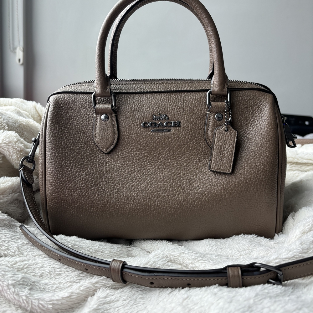 Coach Pebbled Leather Rowan in Dark Stone with Removable Strap Excellent conditn